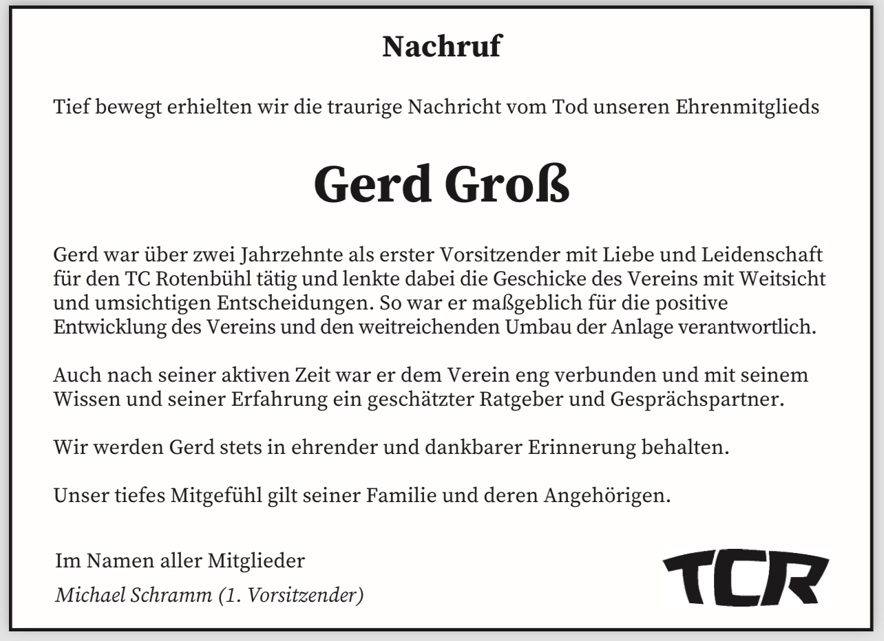 Read more about the article Langjähriger 1. Vorsitzender und Ehrenmitglied Gerd Groß verstorben